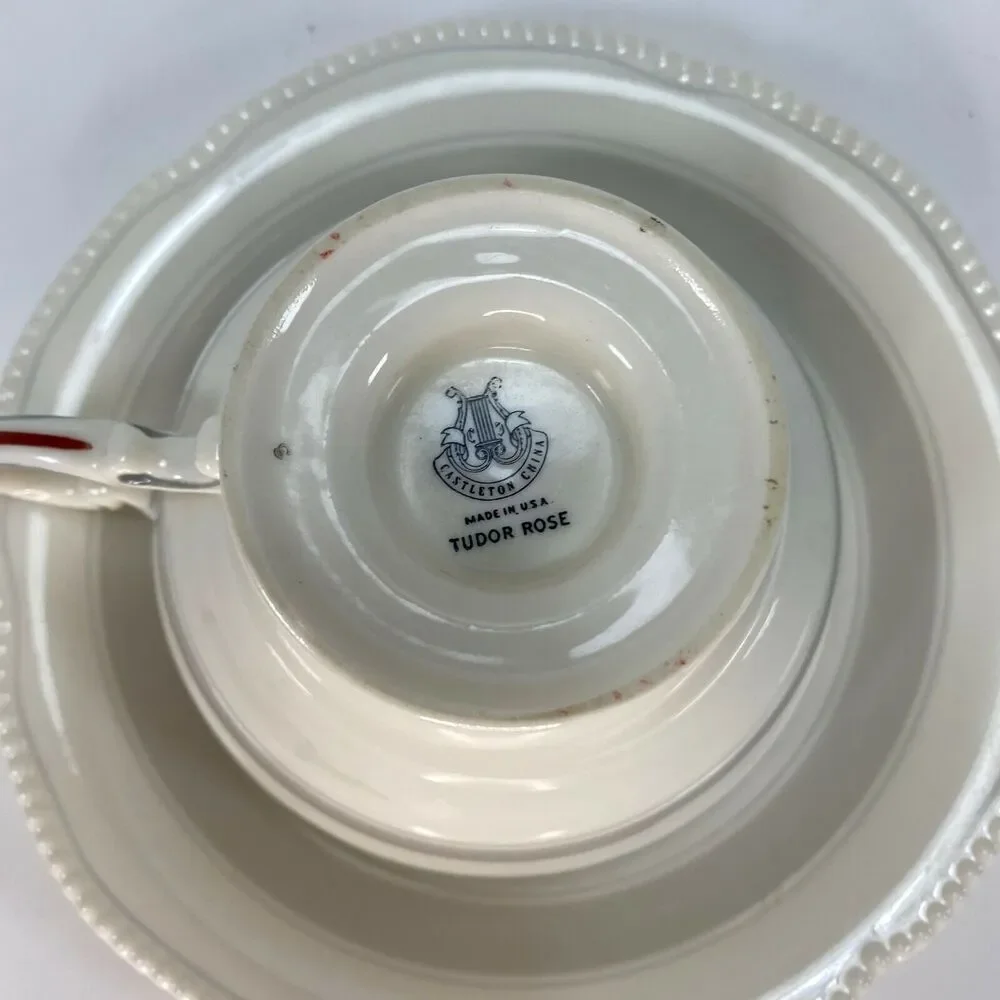 Vtg Castleton China Tudor Rose USA Tea Cup & Saucer Bone China Footed Cup Gray